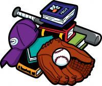 drawing of books and baseball hat, glove and ball